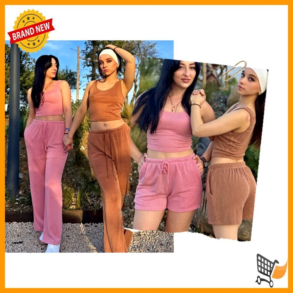 Soft Twisted Rib Knit Lounge Set 3 Piece Tank Shorts Pants Pocket - Picture 7 of 7